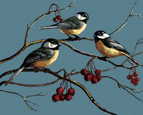 Zuty - Paint by Numbers - CHICKADEE ON A BRANCH AND WINTER BERRIES