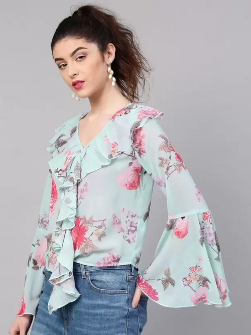 Casual Bell Sleeves Printed Women Blue, Pink Top (Size L)