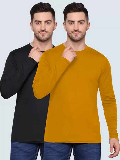 Men Solid Full Sleeves Round Neck Polyester Black, Yellow T-Shirt Pack