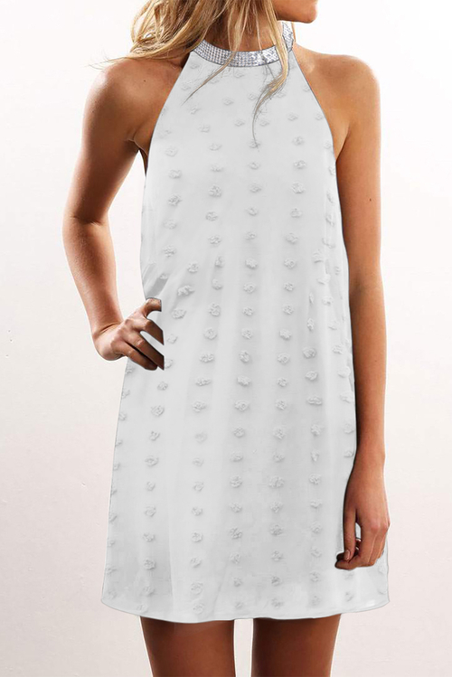 White Pompom Mock Neck Sleeveless Shift Mini Dress