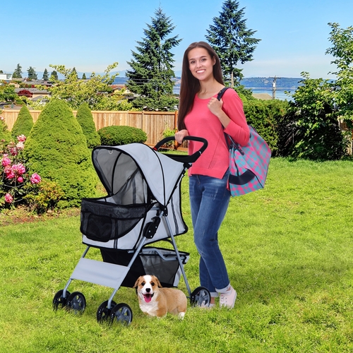 PawHut 4 Wheel Pet Stroller Cat Dog Jogger Folding Sunshade Canopy