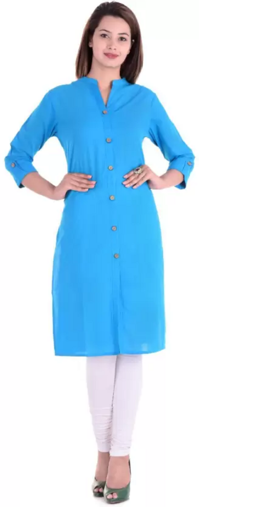 Women Solid Cotton Silk Straight Kurta  (Light Blue) Size L