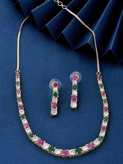 American Diamond Ruby Emrald Gold Plated Jewellery Set
