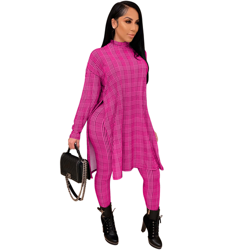 Casual Plaid Print Two Pieces-Rose Red