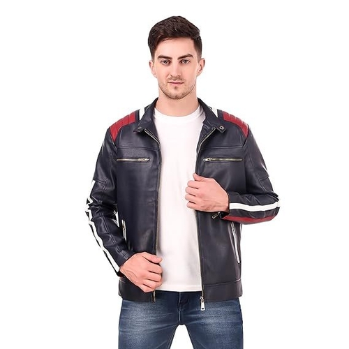 Men's Solid Stripped Design Biker Jacket (Size-L) (Color-BLUE)