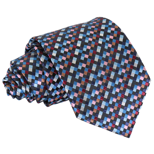 Chequered Geometric Classic Tie - Black with Blue, Burgundy and Bronze