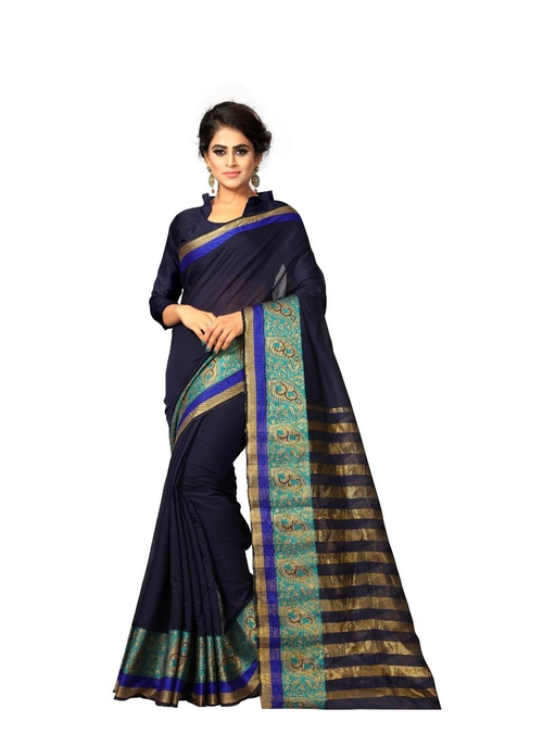 Generic Women's Cotton Silk Saree(Navy, 5.5-6 Mtr)