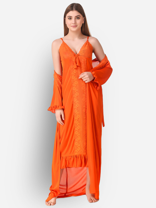 Romaisa Women's Satin Solid Orange Maxi Length Nighty with Robe