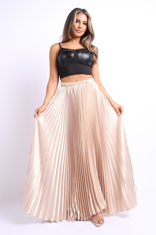 Pleated satin best sale maxi skirt