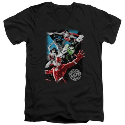 Trevco Jla-Galactic Attack Short Sleeve Adult V-Neck 30-1 Tee- Black -