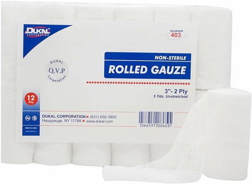 Dukal Rolled Gauze 3" x 5 yds. Pack of 12 White Gauze Bandage Rolls