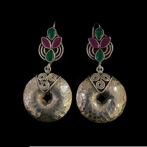 Silver Handcrafted Multi Colored Stone Hook With Beaten Round Disc