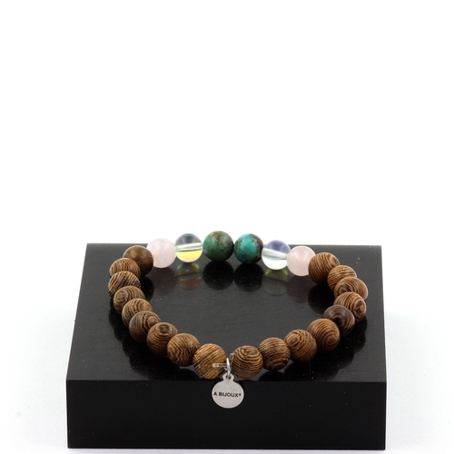 Chrysocolla + Titanium Quartz + Rose Quartz + wood Bracelet