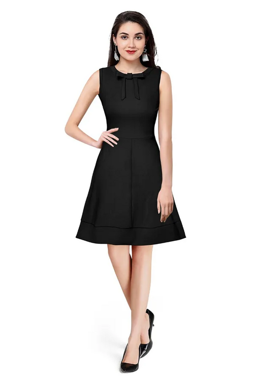 Polyster Knitting Neck Bow Dress for Women (Size-XL) (Color-BLACK)