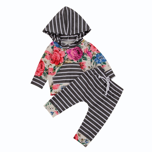 2 Pcs Floral Baby Girls Warm Hooded Clothing Set