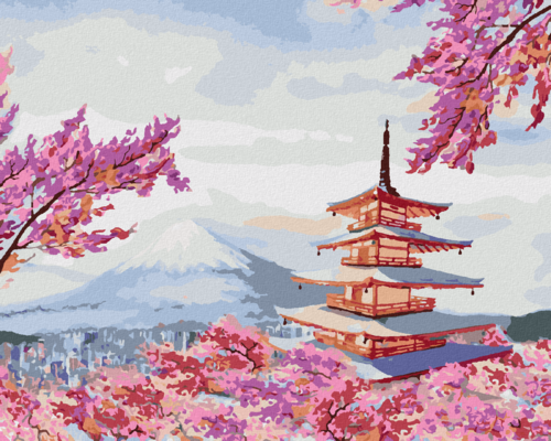 Paint by Numbers - JAPAN TEMPLE AND PINK FLOWERS