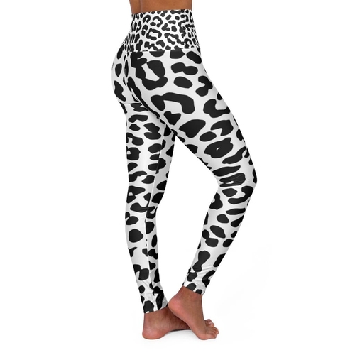 High Waisted Yoga Leggings - Black and White Leopard Style Pants