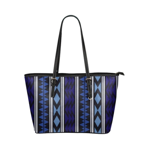 Large Leather Tote Shoulder Bag - Blue Aztec Print
