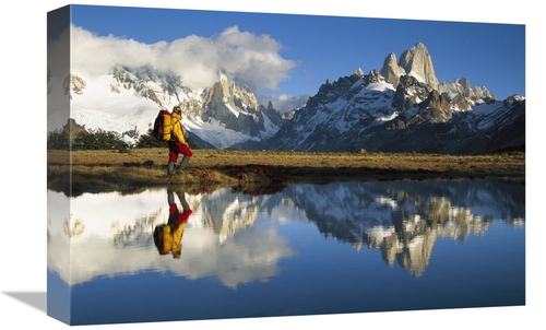 12 x 18 in. Hiker, Cerro Torre & Fitzroy Reflected in Small Pond A