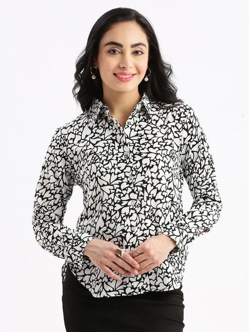Graphic Print Spread Collar Slim Fit Shirt (Size-M) (Color-BLACK)