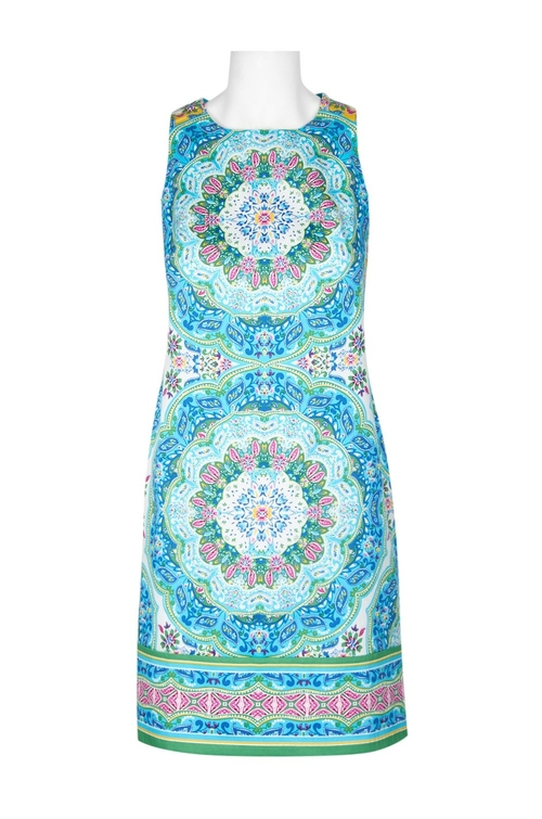 London Times Crew Neck Sleeveless Zipper Back Multi Print Cotton Shift