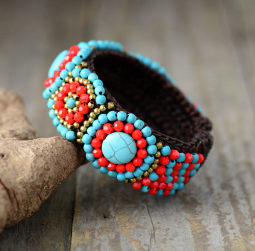 Cuff Bracelet Unique Tribal Crytal Stones Wax Cord