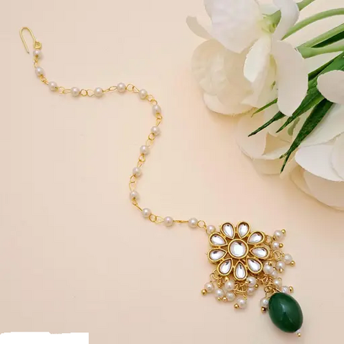 Green Flower Style Cute Kundan Maangtikka For Girls And Women