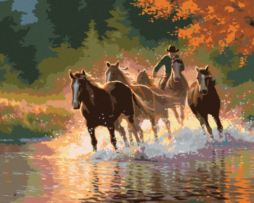 Paint by Numbers - HORSES AND A COWBOY RUNNING ACROSS A RIVER (ABRAHAM