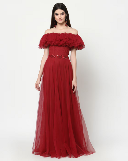 Off-Shoulder Gown Dress (Size-M) (Color-RED)