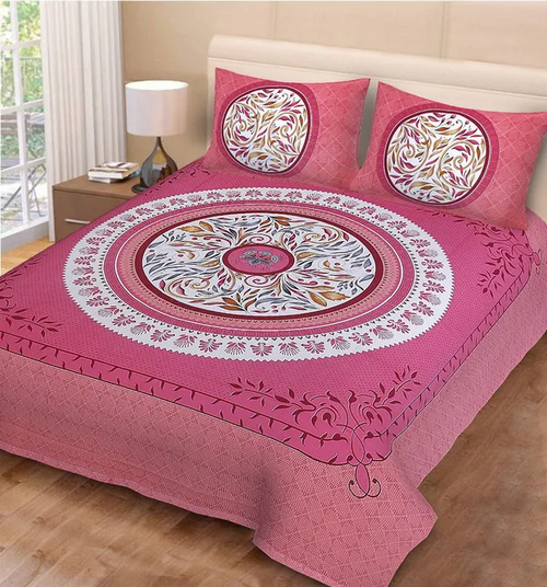 Pink Jaipuri Cotton Double Badsheet with Two Pillow Cover (Size 90x100