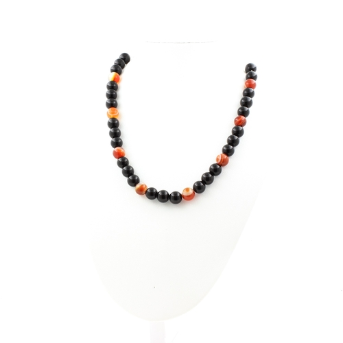 Banded Agate + Black Agate 8 mm bead necklace stainless steel chain