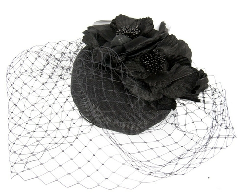 Black pillbox with flower & veil 