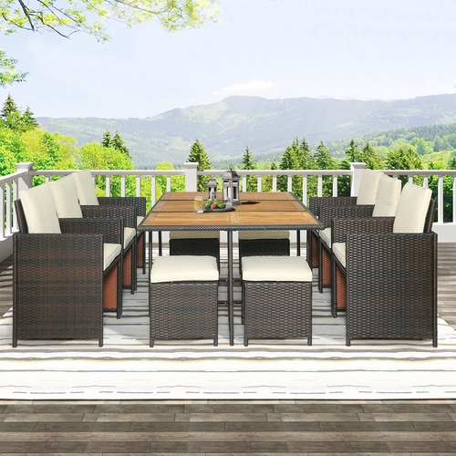 11-Piece Patio All-Weather PE Wicker Dining Table Set with Wood