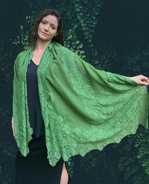 Main Green Wool and Silk Lace Scarf / Wrap image