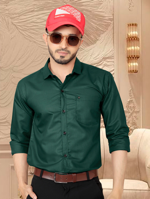 Men Regular Fit Washed Casual Shirt Dark Green Size L