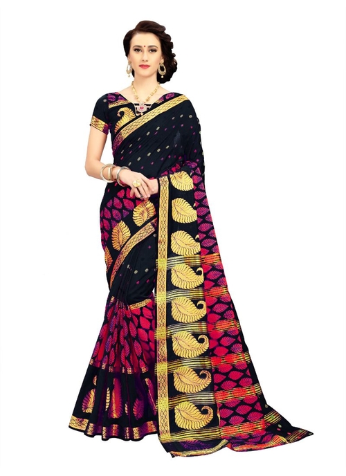 Generic Women's Cotton  Saree(Black, 5.5-6 Mtr)