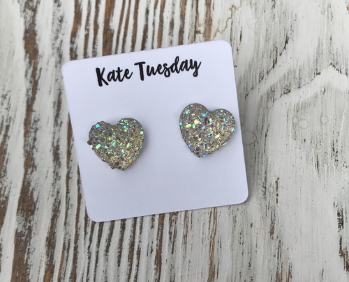 Clear Sparkly Heart Druzy Stud Earrings