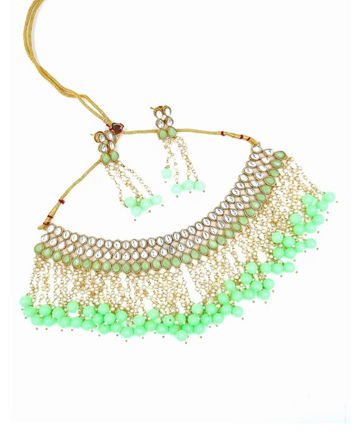 Gold-Plated Stone-Studded Necklace & Earrings Set Handcrated Beeds