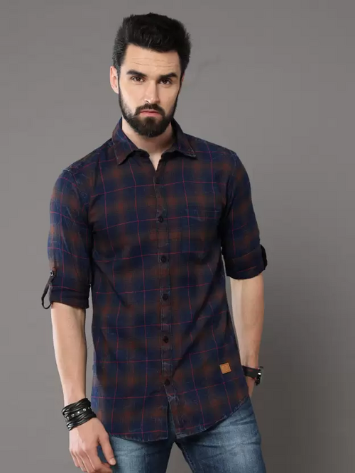Men Regular Fit Checkered Slim Collar Casual Shirt Brown, Blue (Size