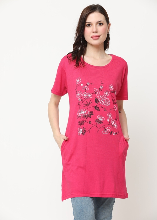 Women'S Round Neck Cotton Printed Long Tshirt (Size-L) (Color-Rani)