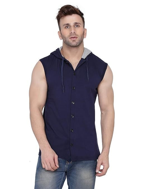 Solid Hooded Neck Tshirt For Men (Size-S) (Color-DARK BLUE)