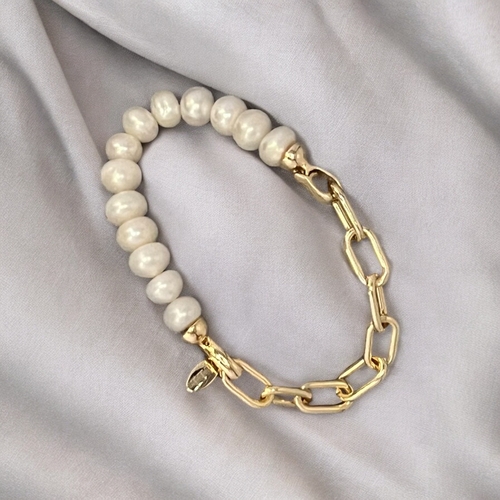 Chunky Dual Freshwater Pearl and Chain Link Hypoallergenic Bracelet