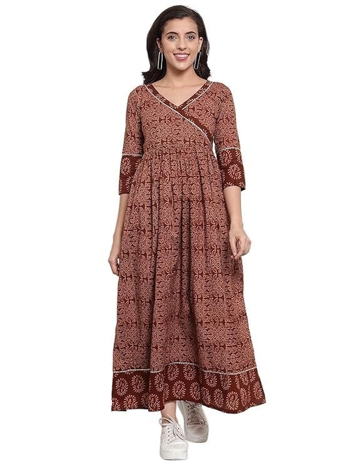 Women's Maxi A-Line Dress (Size-M) (COLOR-BROWN)