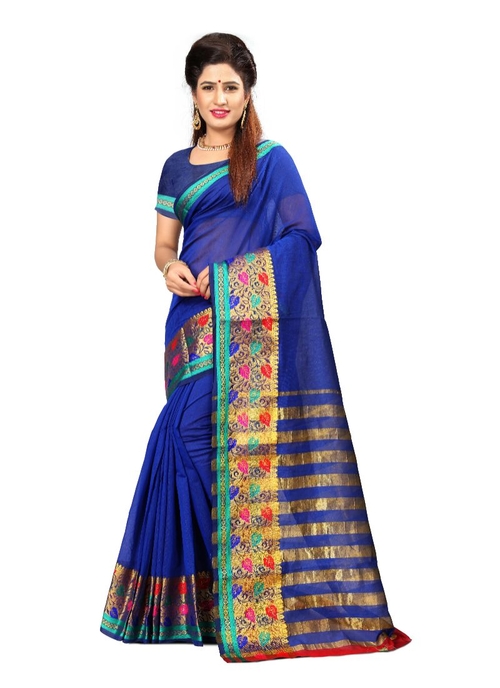 Generic Women's Cotton Silk Saree(Blue, 5.5-6 Mtr)