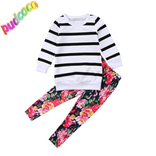 Kids Baby Girls Striped T Shirt Tops+Floral