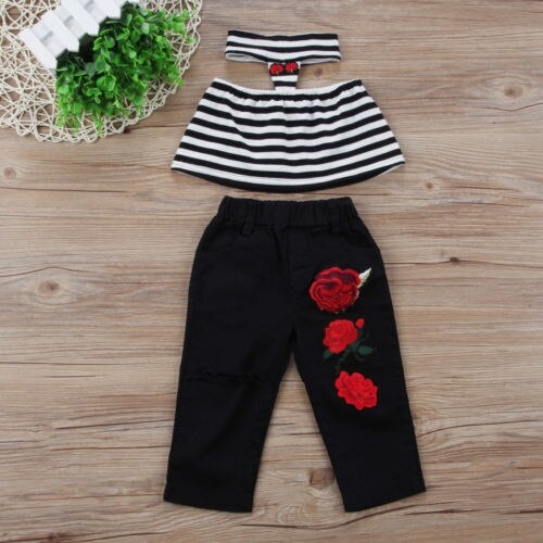 Toddler Kids Girls Stripe Tops Flower Pants