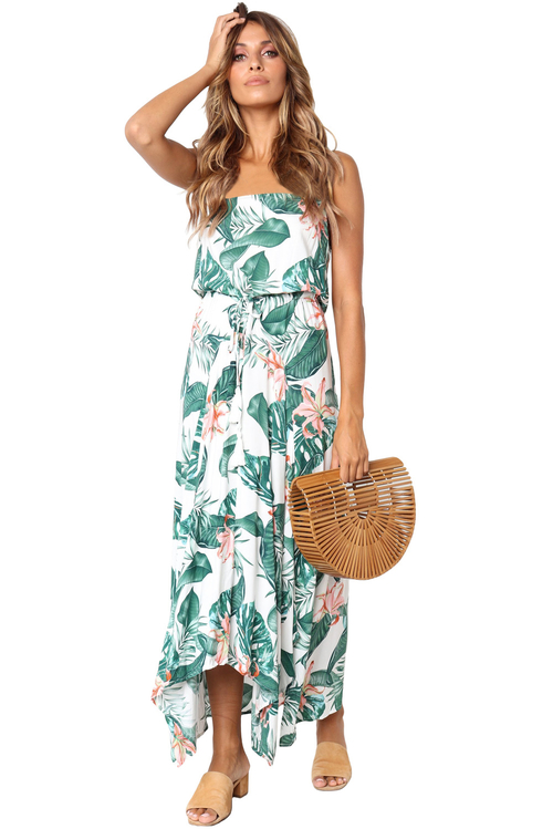 Summer Holiday Green Leaves Print White Maxi Dress