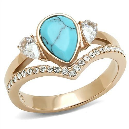 Women IP Rose Gold Stainless Steel Ring with Synthetic in Sea Blue - S