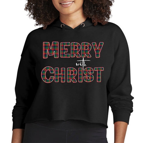 Womens Cropped Hoodie Merry with Christ - Red and Green Plaid
