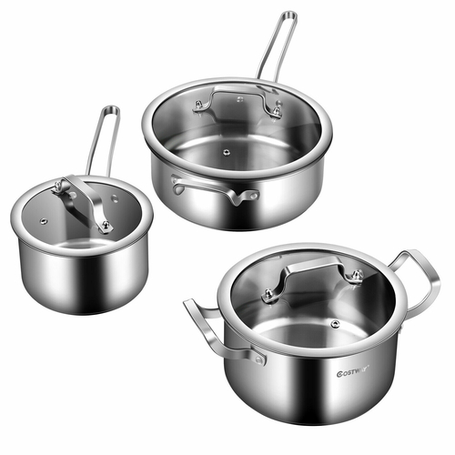 3Pcs Stainless Saucepan Set with Glass Lids